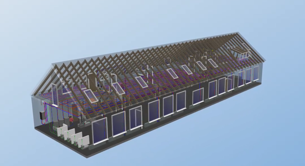 Nichtwohngebäude mit unterschiedlicher Nutzung Moderne Architektur eines longhouses mit Dachkonstruktion und Fenstern.